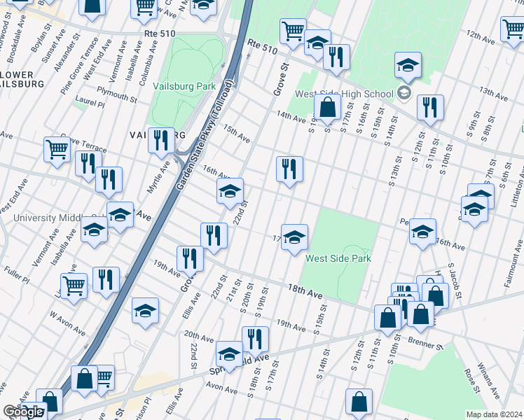 map of restaurants, bars, coffee shops, grocery stores, and more near 194 21st Street in Irvington