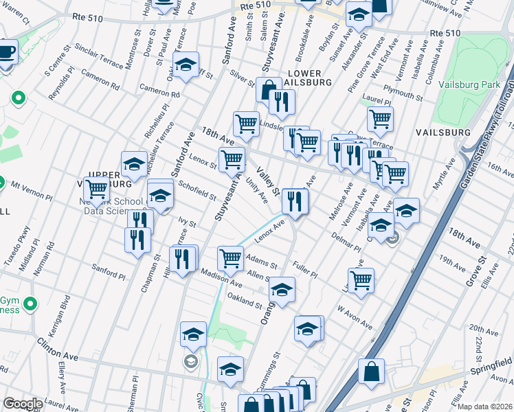 map of restaurants, bars, coffee shops, grocery stores, and more near 29-31 Underwood Street in Newark
