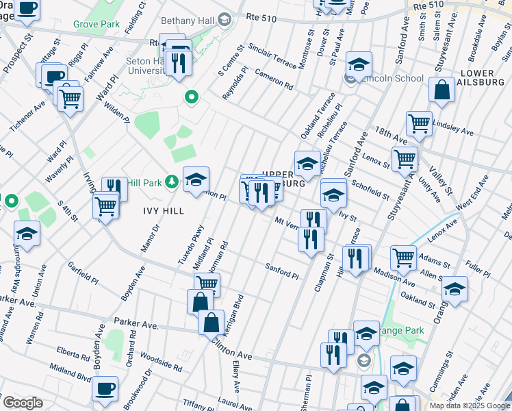 map of restaurants, bars, coffee shops, grocery stores, and more near 173-175 Eastern Parkway in Newark