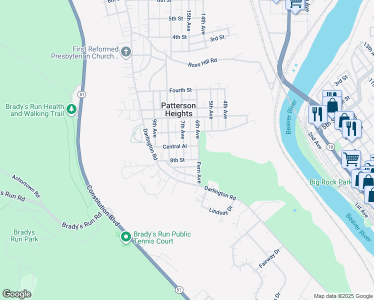 map of restaurants, bars, coffee shops, grocery stores, and more near 728 6th Avenue in Patterson Heights