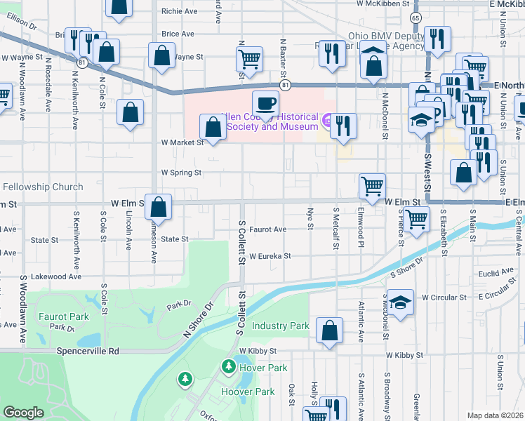 map of restaurants, bars, coffee shops, grocery stores, and more near 735 West Elm Street in Lima