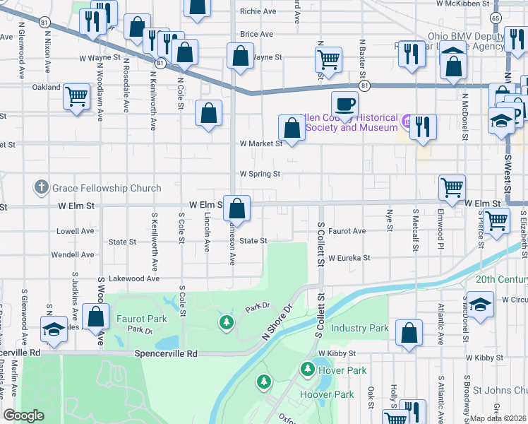 map of restaurants, bars, coffee shops, grocery stores, and more near 304 South Charles Street in Lima