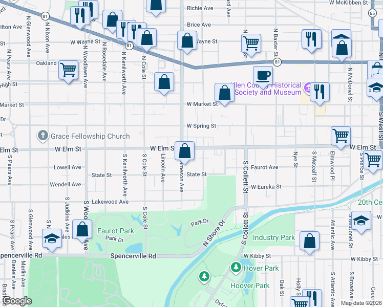 map of restaurants, bars, coffee shops, grocery stores, and more near 304 South Charles Street in Lima