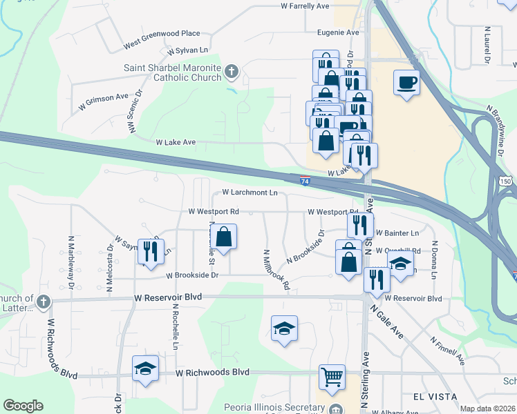 map of restaurants, bars, coffee shops, grocery stores, and more near 2907 West Westport Road in Peoria