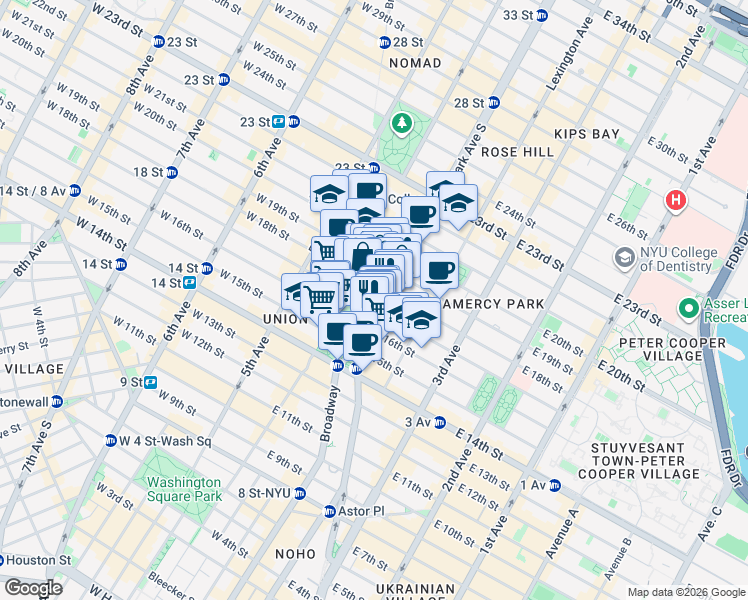map of restaurants, bars, coffee shops, grocery stores, and more near 37 East 18th Street in New York