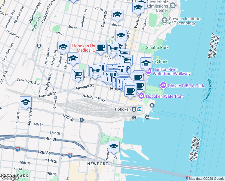 map of restaurants, bars, coffee shops, grocery stores, and more near 80 Bloomfield Street in Hoboken