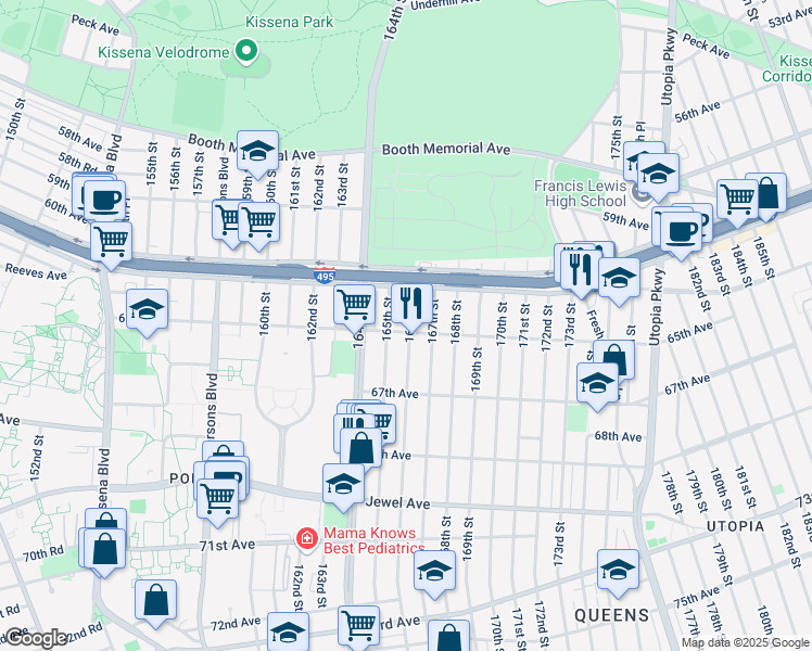 map of restaurants, bars, coffee shops, grocery stores, and more near 165-23 65th Avenue in Queens
