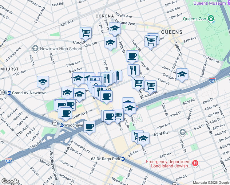 map of restaurants, bars, coffee shops, grocery stores, and more near 97-28 57th Avenue in Queens