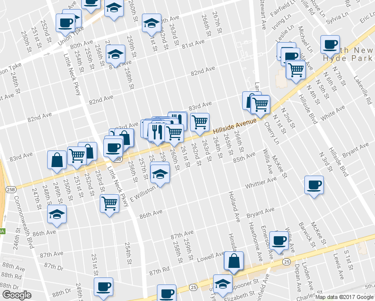 map of restaurants, bars, coffee shops, grocery stores, and more near 84-19 261st Street in Queens