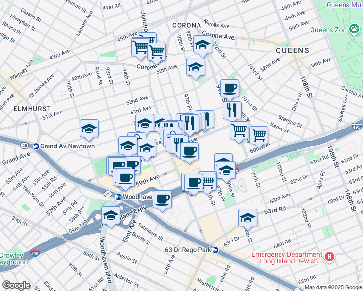 map of restaurants, bars, coffee shops, grocery stores, and more near 96-09 57th Avenue in Queens