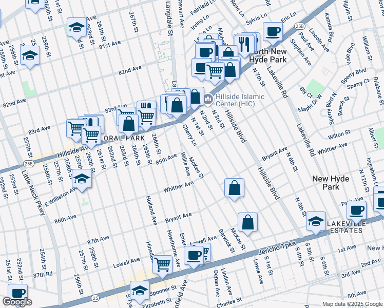 map of restaurants, bars, coffee shops, grocery stores, and more near 235 McKee Street in Floral Park