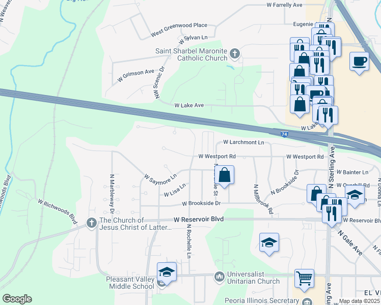 map of restaurants, bars, coffee shops, grocery stores, and more near 3205 West Westport Road in Peoria