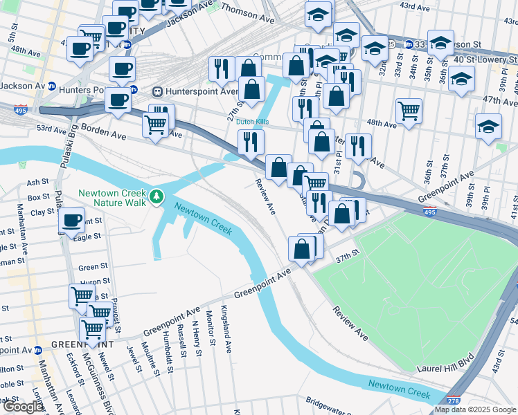 map of restaurants, bars, coffee shops, grocery stores, and more near 30-02 Review Avenue in Queens