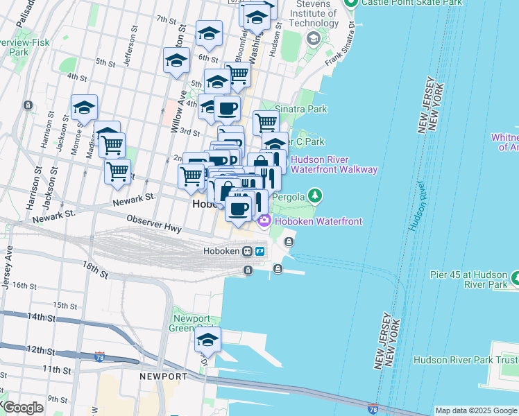map of restaurants, bars, coffee shops, grocery stores, and more near 112 Sinatra Drive in Hoboken
