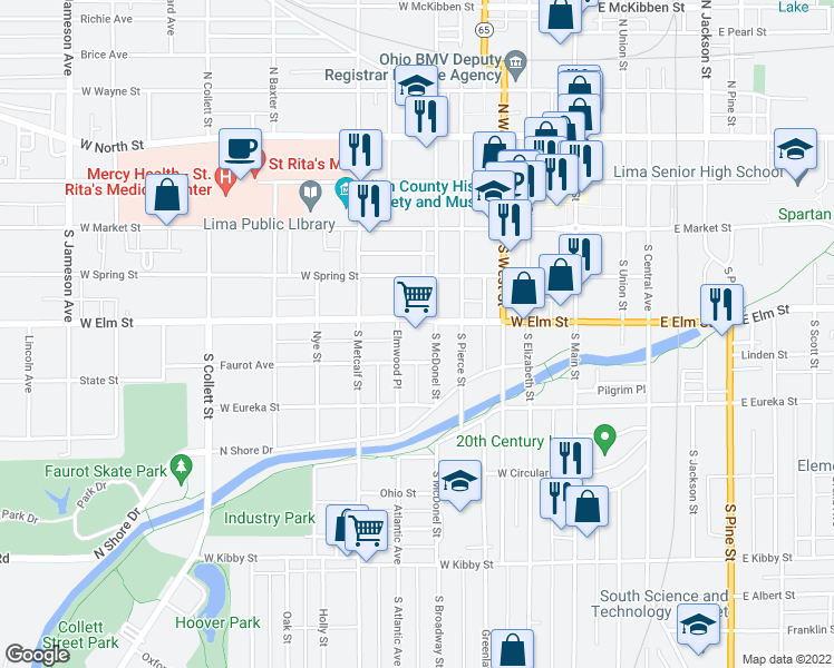 map of restaurants, bars, coffee shops, grocery stores, and more near 515 West Elm Street in Lima