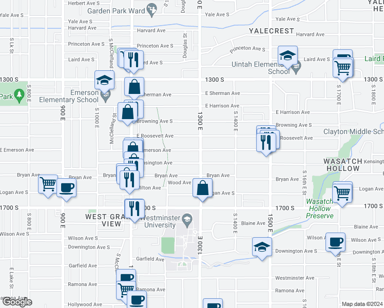 map of restaurants, bars, coffee shops, grocery stores, and more near 1260 East Emerson Avenue in Salt Lake City