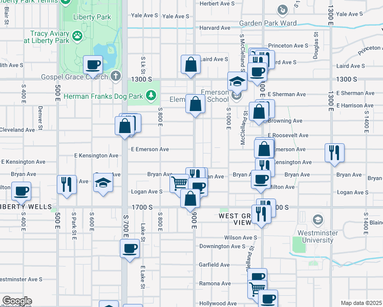 map of restaurants, bars, coffee shops, grocery stores, and more near 1504 900 East in Salt Lake City