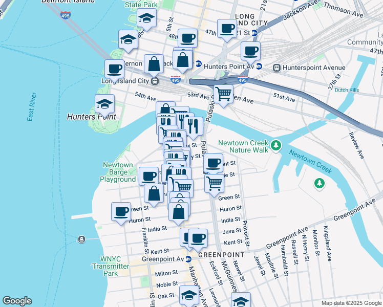 map of restaurants, bars, coffee shops, grocery stores, and more near 52 Box Street in Brooklyn