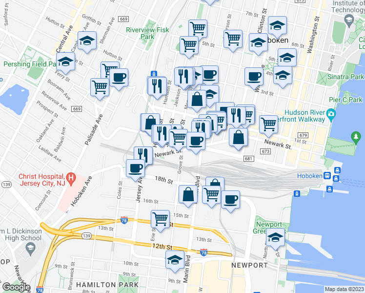 map of restaurants, bars, coffee shops, grocery stores, and more near 551 Observer Highway in Hoboken