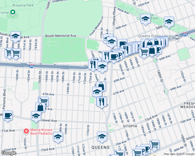 map of restaurants, bars, coffee shops, grocery stores, and more near 61-43 Fresh Meadow Lane in Queens