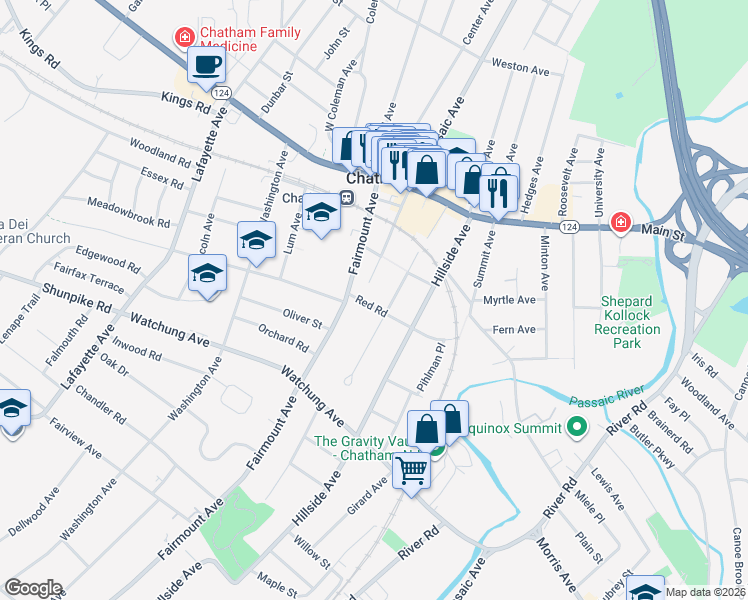 map of restaurants, bars, coffee shops, grocery stores, and more near 11 Red Road in Chatham
