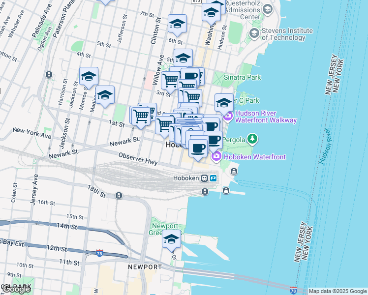 map of restaurants, bars, coffee shops, grocery stores, and more near 61 Washington Street in Hoboken