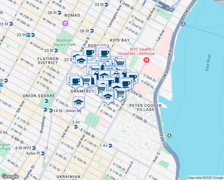 map of restaurants, bars, coffee shops, grocery stores, and more near 380 2nd Avenue in New York