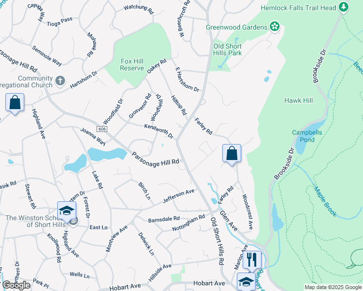 map of restaurants, bars, coffee shops, grocery stores, and more near 186 Old Short Hills Road in Millburn