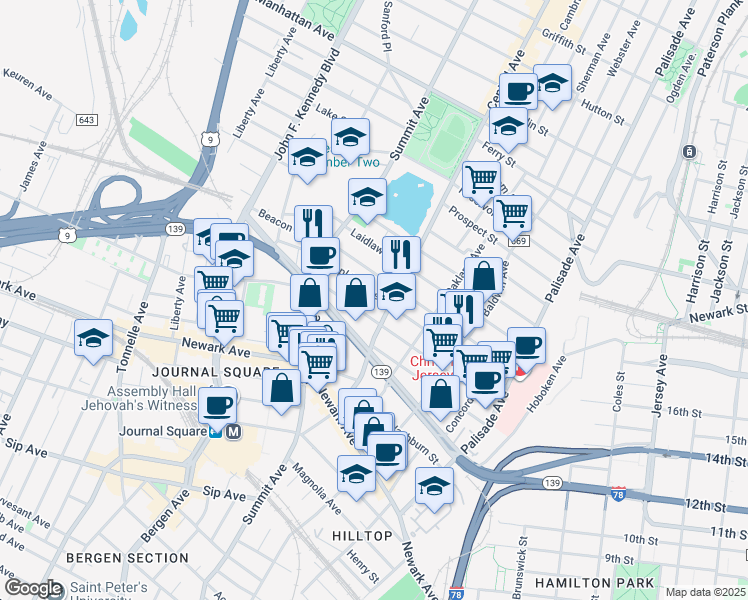 map of restaurants, bars, coffee shops, grocery stores, and more near 135 Hopkins Avenue in Jersey City