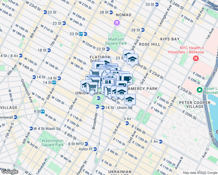 map of restaurants, bars, coffee shops, grocery stores, and more near 200 Park Avenue South in New York