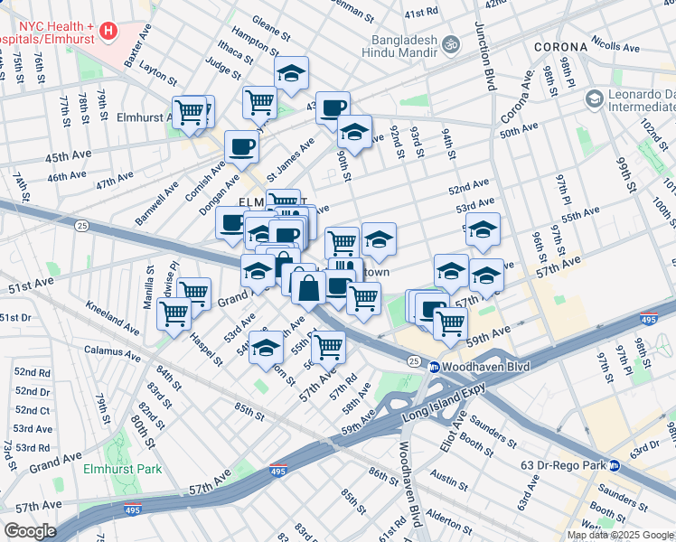 map of restaurants, bars, coffee shops, grocery stores, and more near 88-10 54th Avenue in Queens