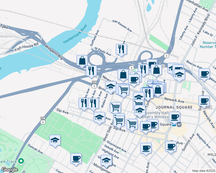 map of restaurants, bars, coffee shops, grocery stores, and more near 107 Wales Avenue in Jersey City