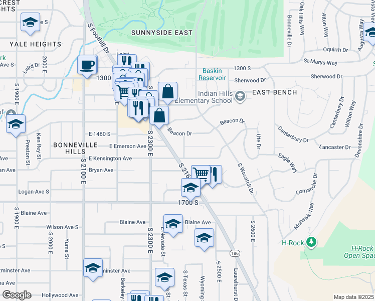map of restaurants, bars, coffee shops, grocery stores, and more near 1501 South 2400 East in Salt Lake City