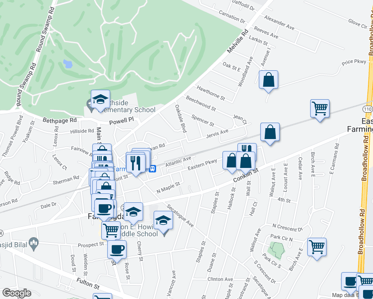map of restaurants, bars, coffee shops, grocery stores, and more near 15 Ivy Street in Farmingdale