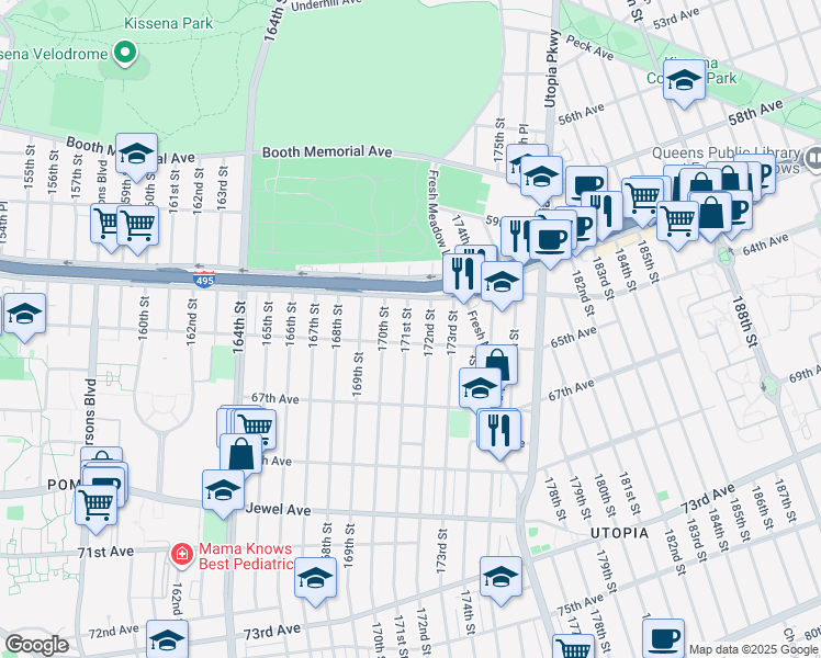 map of restaurants, bars, coffee shops, grocery stores, and more near 61-38 171st Street in Queens