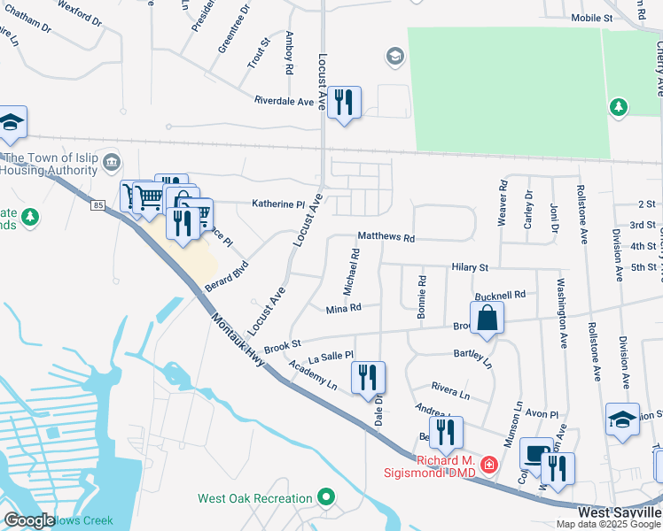 map of restaurants, bars, coffee shops, grocery stores, and more near 129 Matthews Road in Oakdale