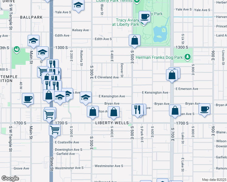 map of restaurants, bars, coffee shops, grocery stores, and more near 1499 South 400 East in Salt Lake City