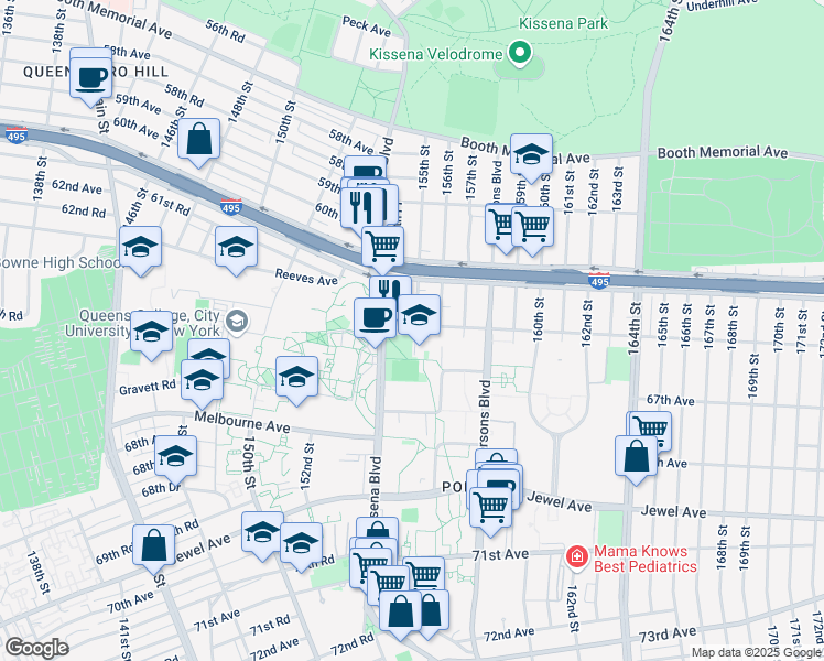 map of restaurants, bars, coffee shops, grocery stores, and more near 154-28 65th Avenue in Queens