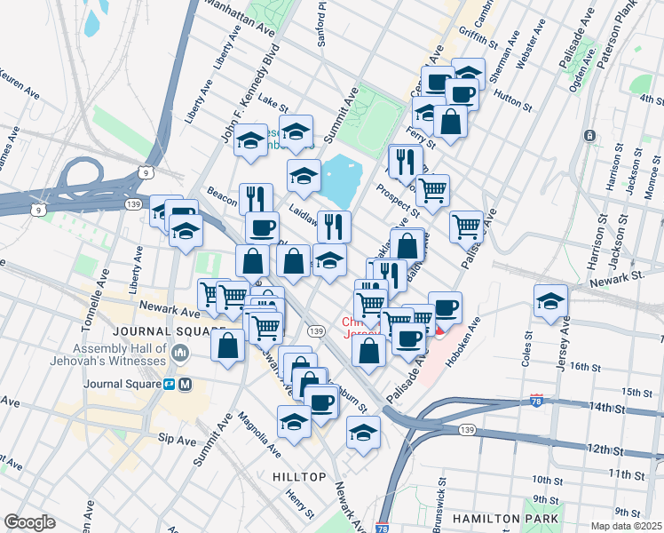 map of restaurants, bars, coffee shops, grocery stores, and more near 113 Beacon Avenue in Jersey City