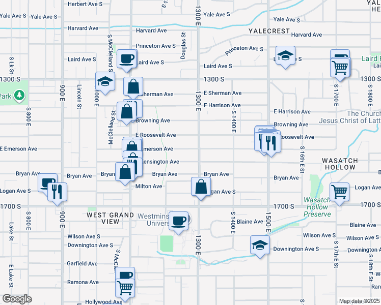 map of restaurants, bars, coffee shops, grocery stores, and more near 1260 East Emerson Avenue in Salt Lake City