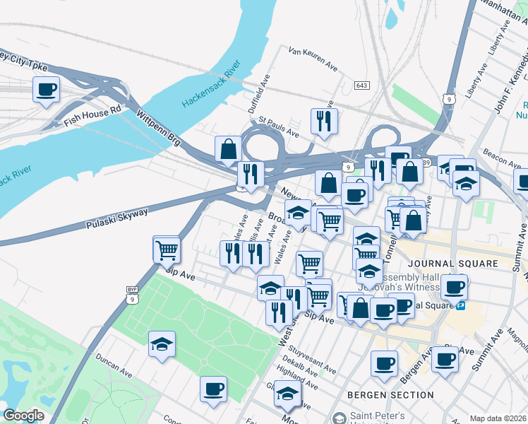 map of restaurants, bars, coffee shops, grocery stores, and more near Wallis Avenue & Broadway in Jersey City