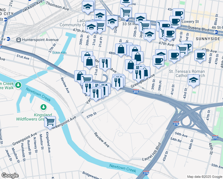 map of restaurants, bars, coffee shops, grocery stores, and more near 51-10 35th Street in Queens