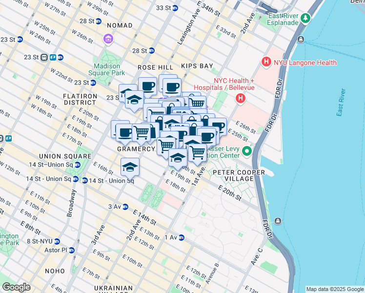 map of restaurants, bars, coffee shops, grocery stores, and more near 380 2nd Avenue in New York