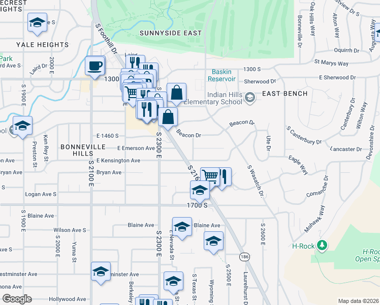 map of restaurants, bars, coffee shops, grocery stores, and more near 1502 South 2400 East in Salt Lake City