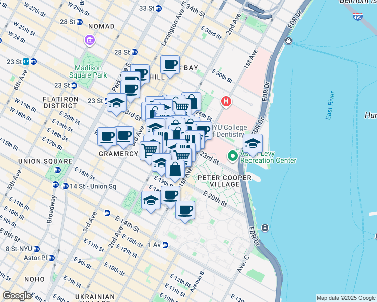 map of restaurants, bars, coffee shops, grocery stores, and more near 320 East 23rd Street in New York