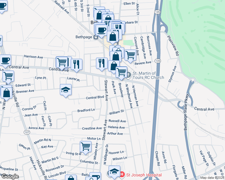 map of restaurants, bars, coffee shops, grocery stores, and more near 187 Park Avenue in Bethpage
