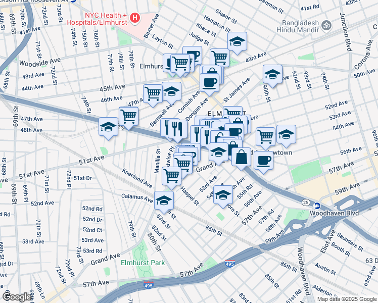 map of restaurants, bars, coffee shops, grocery stores, and more near 82-10 Queens Boulevard in Queens