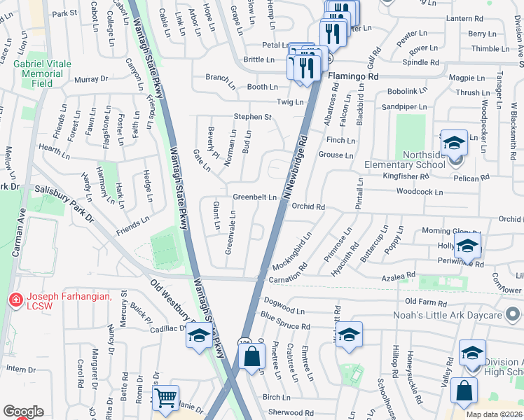 map of restaurants, bars, coffee shops, grocery stores, and more near 9 Grace Lane in Levittown