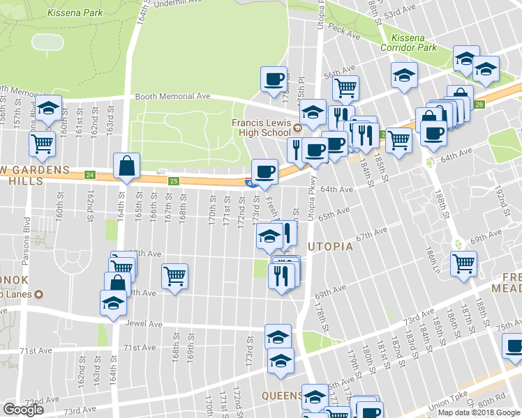 map of restaurants, bars, coffee shops, grocery stores, and more near 61-37 173rd Street in Queens