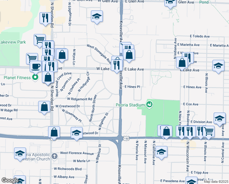 map of restaurants, bars, coffee shops, grocery stores, and more near 4018 North Brookmont Road in Peoria